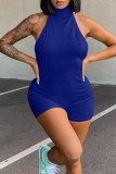 Blue Sexy Solid Patchwork Backless Halter Regular Rompers