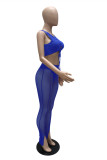 Blue Sexy Solid Bandage Hollowed Out See-through O Neck Sleeveless Two Pieces