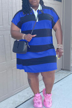 Blauwe mode casual plus size gestreepte print basic turndown kraag korte mouw jurk