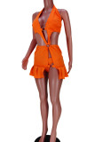 Tangerine Sexy Solid Hollowed Out Patchwork Flounce Asymmetrical Halter Sleeveless Two Pieces