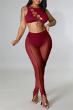 Burgundy Sexy Solid Bandage Hollowed Out See-through O Neck Sleeveless Two Pieces