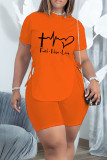 Orange Sexy Print Bandage Hollowed Out Patchwork Asymmetrical O Neck Short Sleeve Two Pieces