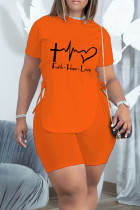Orange Sexy Print Bandage Hollowed Out Split Joint Asymmetrical O Neck Short Sleeve Two Pieces