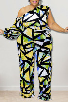 Yellow Casual Print Patchwork Oblique Collar Plus Size Jumpsuits