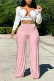 Розовые повседневные однотонные однотонные брюки в стиле пэчворк с высокой талией и прямыми однотонными штанами