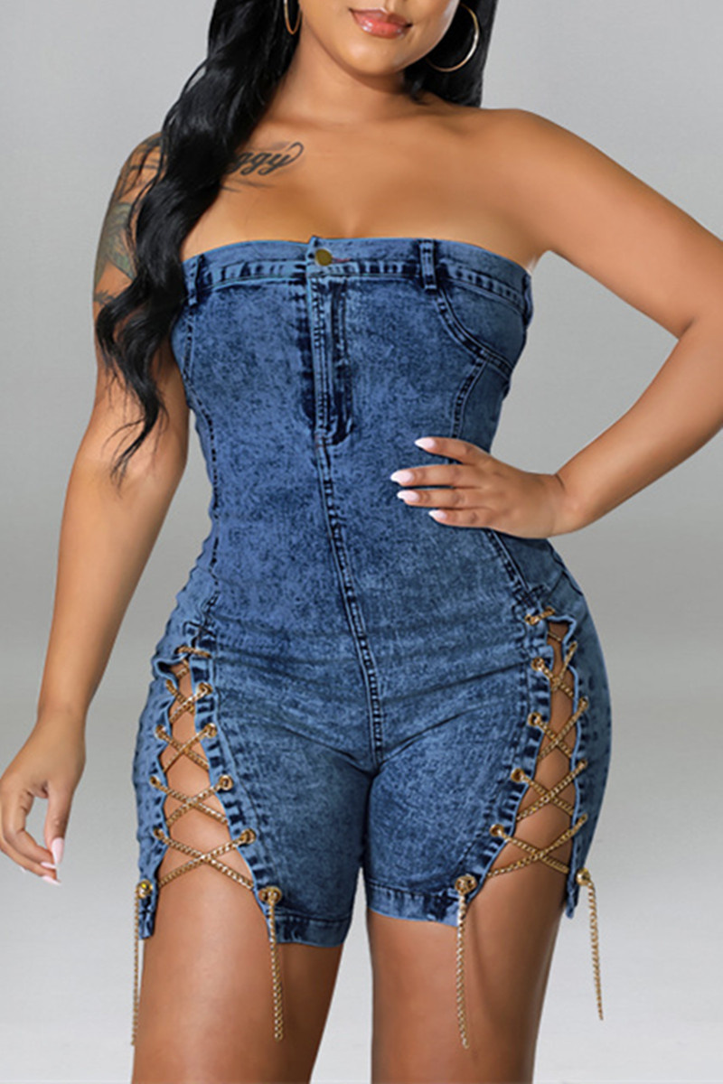 

Deep Blue Fashion Sexy Solid Chains Backless Strapless Skinny Romper