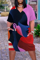 Пурпурные повседневные прямые платья с уличным принтом в стиле пэчворк с V-образным вырезом
