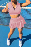 Ropa deportiva informal de moda rosa, parches lisos, cuello con cremallera, sin mangas, dos piezas