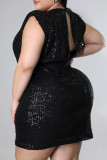 Черное модное сексуальное платье больших размеров в стиле пэчворк с блестками и V-образным вырезом без рукавов