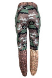Pantaloni patchwork a matita dritti a vita alta con stampa casual verde militare