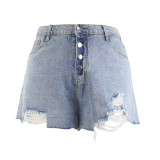 Light Blue Fashion Casual Solid Ripped Patchwork Regular High Waist Conventional Solid Color Plus Size Denim Shorts