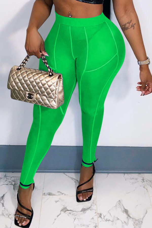 Groene mode Sexy casual effen doorschijnende skinny hoge taille potloodbroek