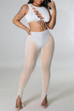 White Sexy Solid Bandage Hollowed Out See-through O Neck Sleeveless Two Pieces