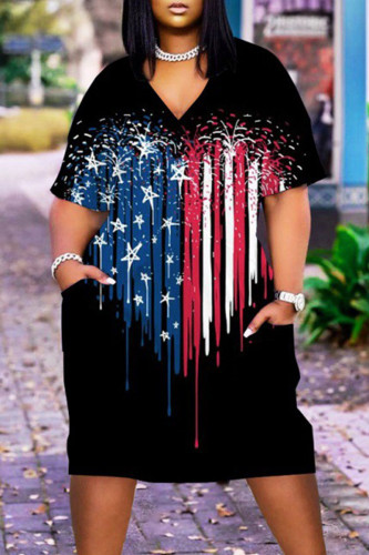 Black Casual Gradual Change Flag Star Print Pocket V Neck African Loose Straight Midi Dress