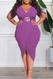 Purple Casual Solid Patchwork Fold Asymmetrical V Neck Plus Size Dresses(Without Belt)