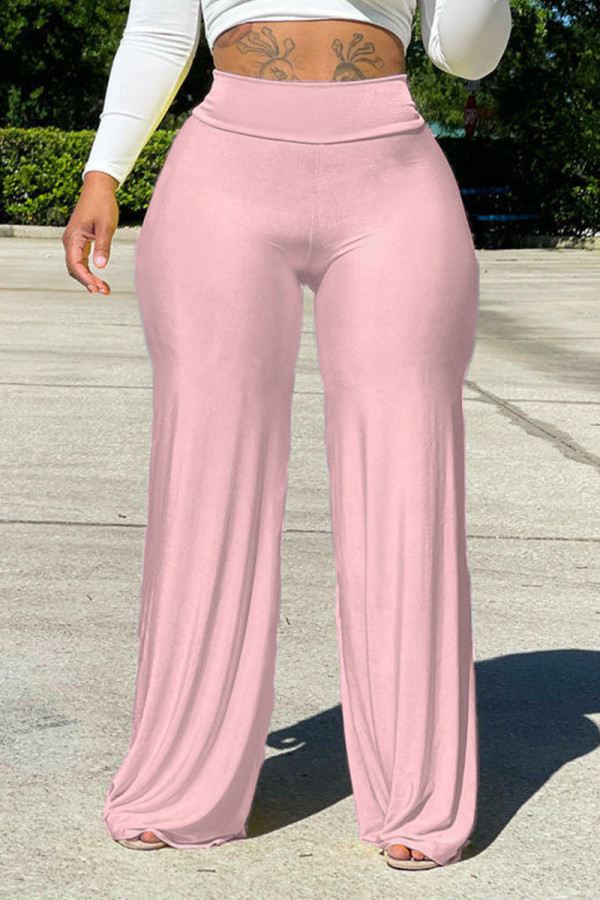 Roze casual effen patchwork hoge taille rechte effen kleur broek