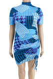 Blue Casual Print Patchwork O Neck One Step Skirt Plus Size Dresses