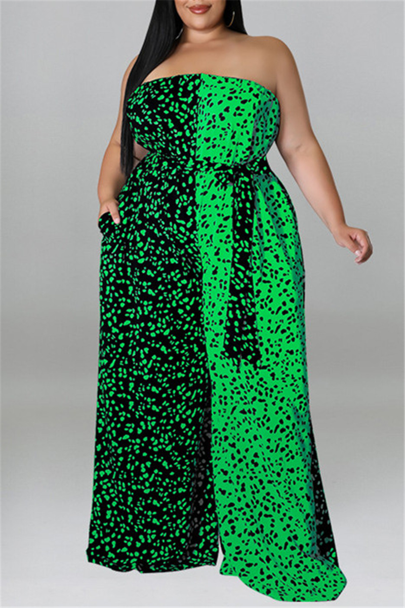 

Green Fashion Casual Print Split Joint Backless With Belt Strapless Plus Size Jumpsuits