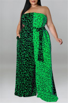 Зеленый модный повседневный принт в стиле пэчворк с открытой спиной и поясом без бретелек Комбинезоны больших размеров