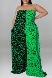 Зеленый модный повседневный принт в стиле пэчворк с открытой спиной и поясом без бретелек Комбинезоны больших размеров