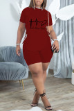 Burgundy Sexy Print Bandage Hollowed Out Patchwork Asymmetrical O Neck Short Sleeve Two Pieces
