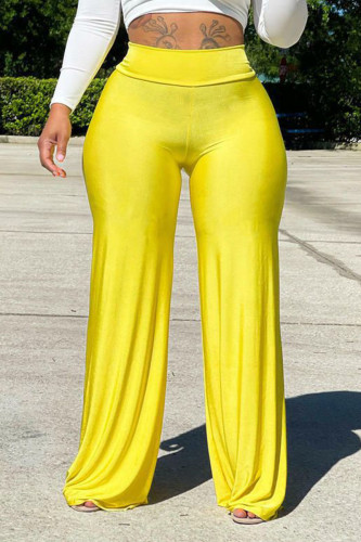 Calças retas de cor sólida amarela casual patchwork cintura alta