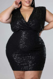 Black Fashion Sexy Plus Size Casual Patchwork Sequins V Neck Sleeveless Dress