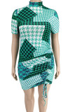 タンジェリンレッドカジュアルプリントパッチワークOネックワンステップスカートプラスサイズドレス