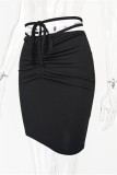 Черная модная повседневная однотонная повязка, обычная юбка с высокой талией