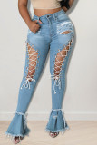 Baby Blue Sexy Street Solid Ripped Make Old Patchwork High Waist Boot Cut Denim Jeans