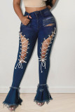 Baby Blue Sexy Street Solid Ripped Make Old Patchwork Cintura alta Boot Cut Denim Jeans