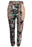 Army Green Casual Print Patchwork Straight High Waist Pencil Patchwork Bottoms