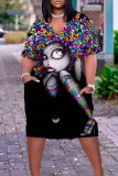 Multicolor Casual Print Patchwork Pocket V Neck Straight Dresses