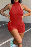 Red Sexy Solid Patchwork Backless Halter Regular Rompers