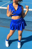 Abbigliamento sportivo casual moda blu Solido patchwork Colletto con cerniera senza maniche Due pezzi