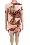 Tangerine Red Casual Print Patchwork O Neck One Step Skirt Plus Size Dresses