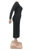 Schwarz Sexy Casual Solid Basic V-Ausschnitt Langarm Kleider in Übergröße