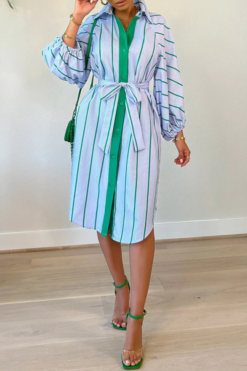 

Sky Blue Fashion Striped Print With Belt Turndown Collar Shirt Dress