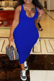 Bleu royal mode décontracté solide basique col en U gilet robe grande taille robes