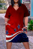 Red Casual Gradual Change Flag Star Print Pocket V Neck African Loose Straight Midi Dress