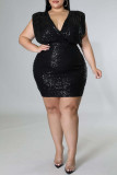 Schwarze Mode Sexy Plus Size Casual Patchwork Pailletten V-Ausschnitt Ärmelloses Kleid