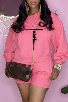 ピンクファッションカジュアルプリントベーシックOネック長袖ツーピース