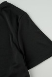 Negro sexy sólido patchwork transparente o cuello manga corta dos piezas