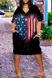 Black Casual Gradual Change Flag Star Print Pocket V Neck African Loose Straight Midi Dress