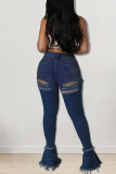 Baby Blue Sexig Street Solid Ripped Make Old Patchwork High Waist Boot Cut Denim Jeans