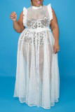 White Sexy Solid Patchwork See-through Flounce O Neck Straight Plus Size Dresses