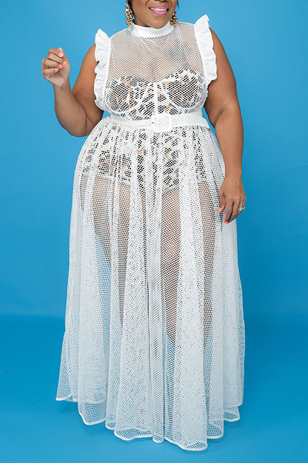 White Sexy Solid Patchwork See-through Flounce O Neck Straight Plus Size Dresses