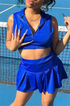 Ropa deportiva informal de moda azul, parches lisos, cuello con cremallera, sin mangas, dos piezas