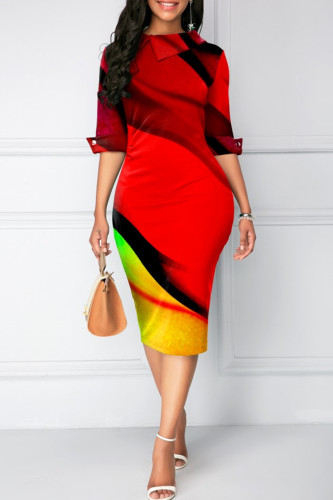 Red Fashion Casual Print Split Joint Turndown Collar Pencil Skirt Dresses