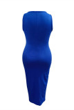 Bleu royal mode décontracté solide basique col en U gilet robe grande taille robes